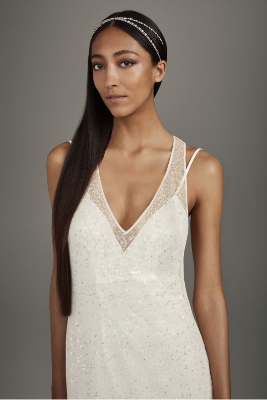 Satin Slip Dress with T-Back Sequin Tulle Overlay VW351466