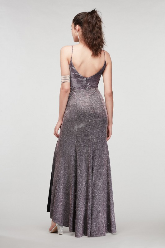 Scoop Back V-Neck Glitter Gown with Front Slit Jump 11322