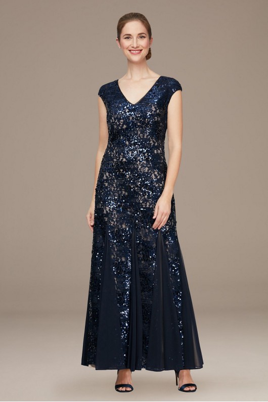 Sequin Lace Cap Sleeve Gown with Godet Skirt Alex Evenings 81122406