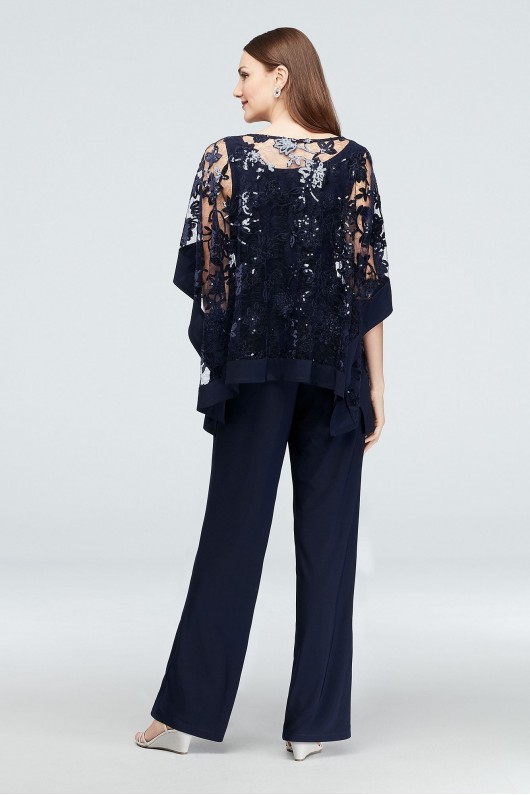 Sequin Lace Pantsuit with Sheer Poncho  2288