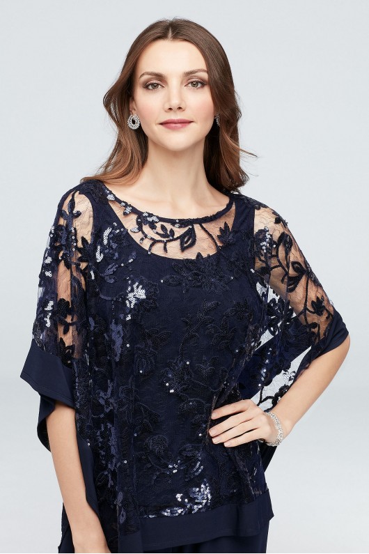 Sequin Lace Pantsuit with Sheer Poncho  2288