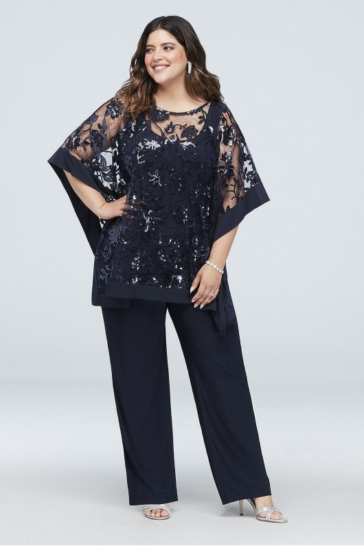 Sequin Lace Plus Size Pantsuit with Sheer Poncho  2288W