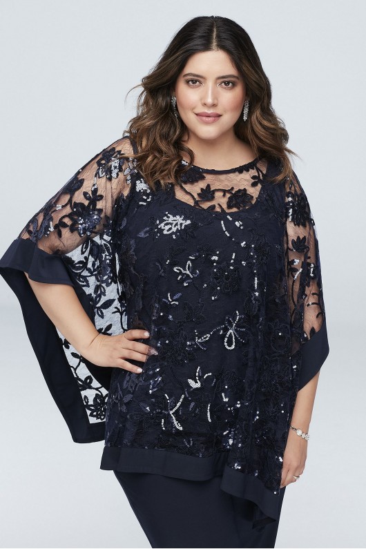 Sequin Lace Plus Size Pantsuit with Sheer Poncho  2288W