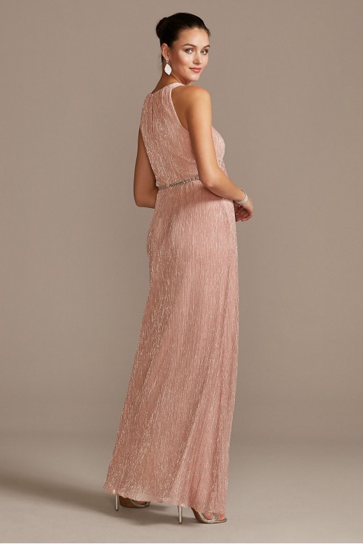 Shimmer Metallic Halter Gown with Beaded Belt Ignite 9155111