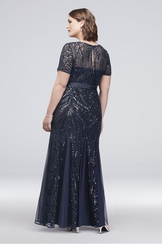 Short-Sleeve Sequined Illusion Plus Size Gown  1875W