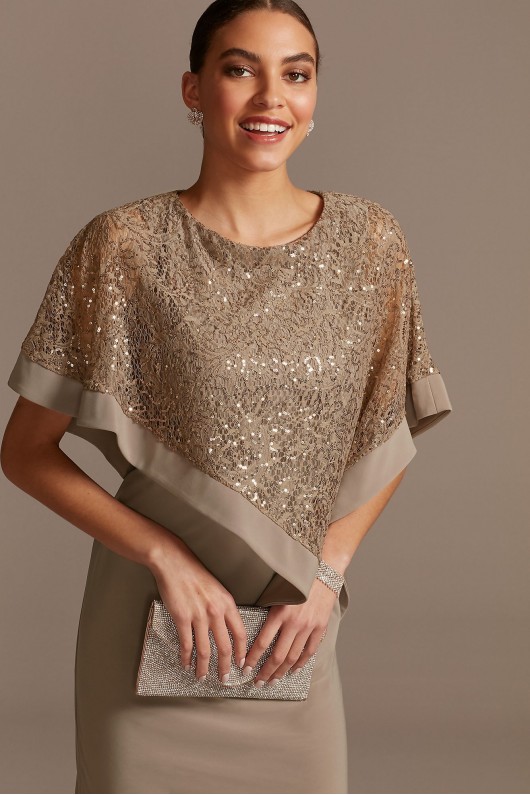 Sleeveless Jersey Sheath with Sequin Lace Poncho  8749D