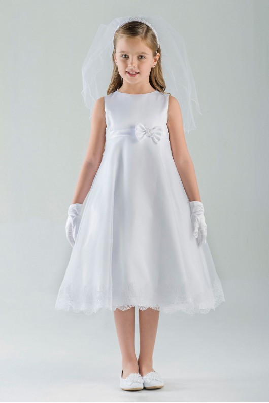 Sleeveless Satin A-Line Communion Dress with Bow  C5-357