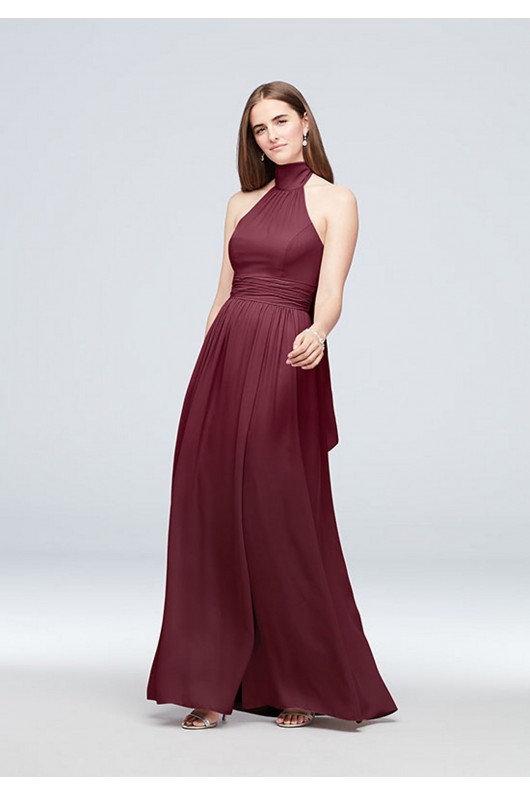 Tie Mock-Neck Ruched Georgette Bridesmaid Dress  F19997