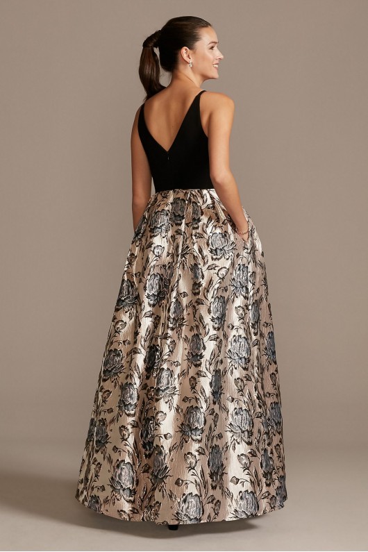 V-Neck Ball Gown with Floral Jacquard Skirt Morgan and Co 12834D