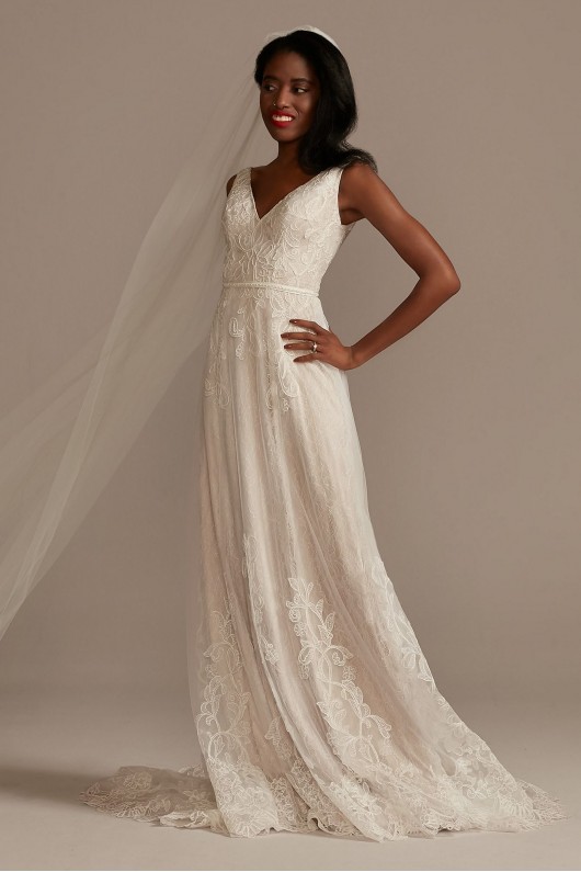 V-Neck Lace Tall Wedding Dress with Scallop Hem Melissa Sweet 4XLMS251250