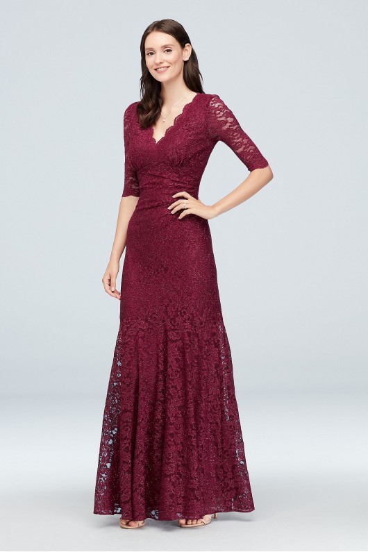 V-Neck Ruched Lace Mermaid Gown with 3/4 Sleeves Nightway 21719